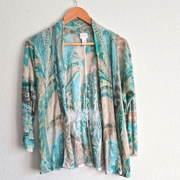 Chico's Green and Cream Open Front Lightweight Cardigan Office Business Casual - Picture 1 of 6